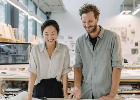 Two architects reviewing plans in their studio