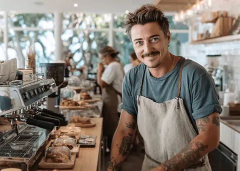 Café owner behind the coffee machine
