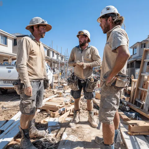 Builders talking on a residential construction site