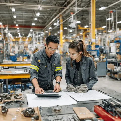 Manufacturing team checking parts on the factory floor