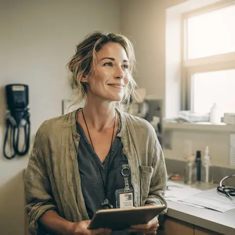 Health practice owner holding a tablet
